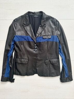 D&G Women’s Lambskin Leather Blazer Jacket Blue Knit Accent JapanMade Small RARE